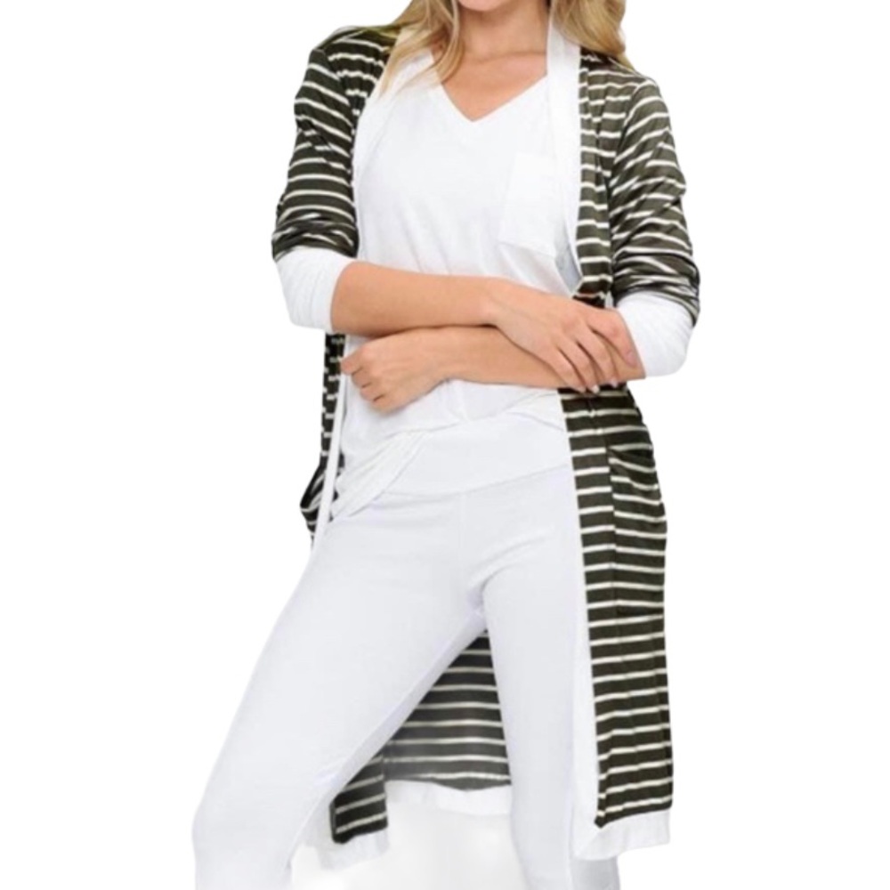 NWOT Magic Fit Olive Striped Midi Open Cardigan